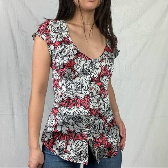 guess jeans xs pink and white silk floral abstract blouse - Picture 7 of 16